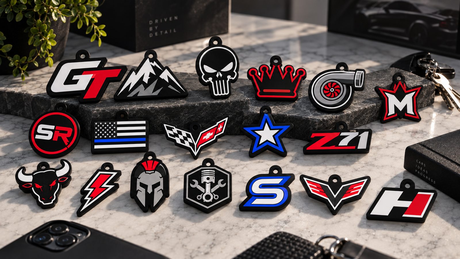 Keychains for eighteen local brands