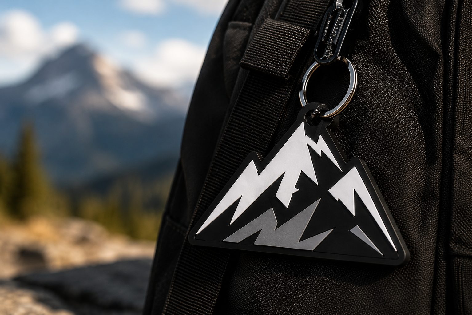 Mountain keychain clipped to a bag